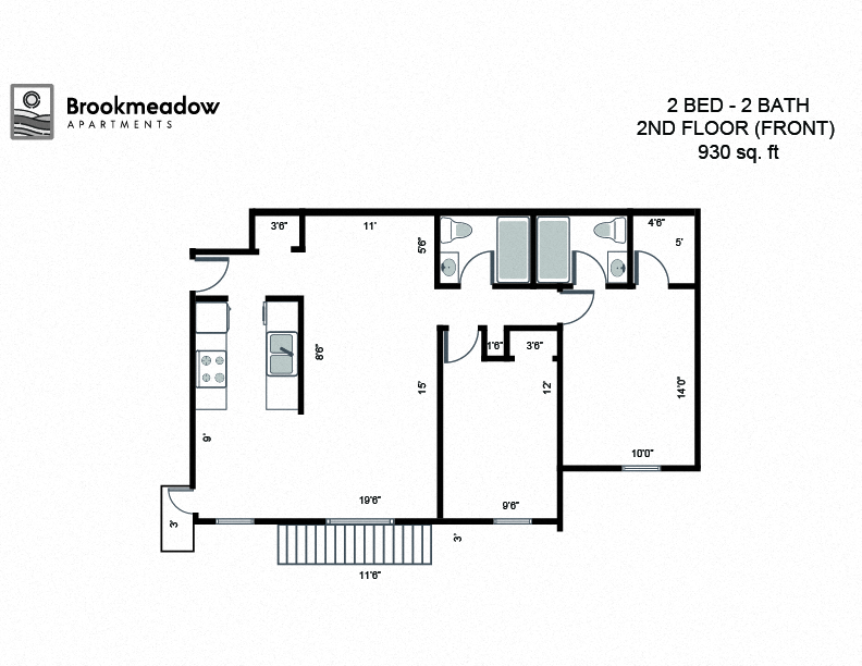 Floor plan for 2 beds, 2 baths, 930 sqft